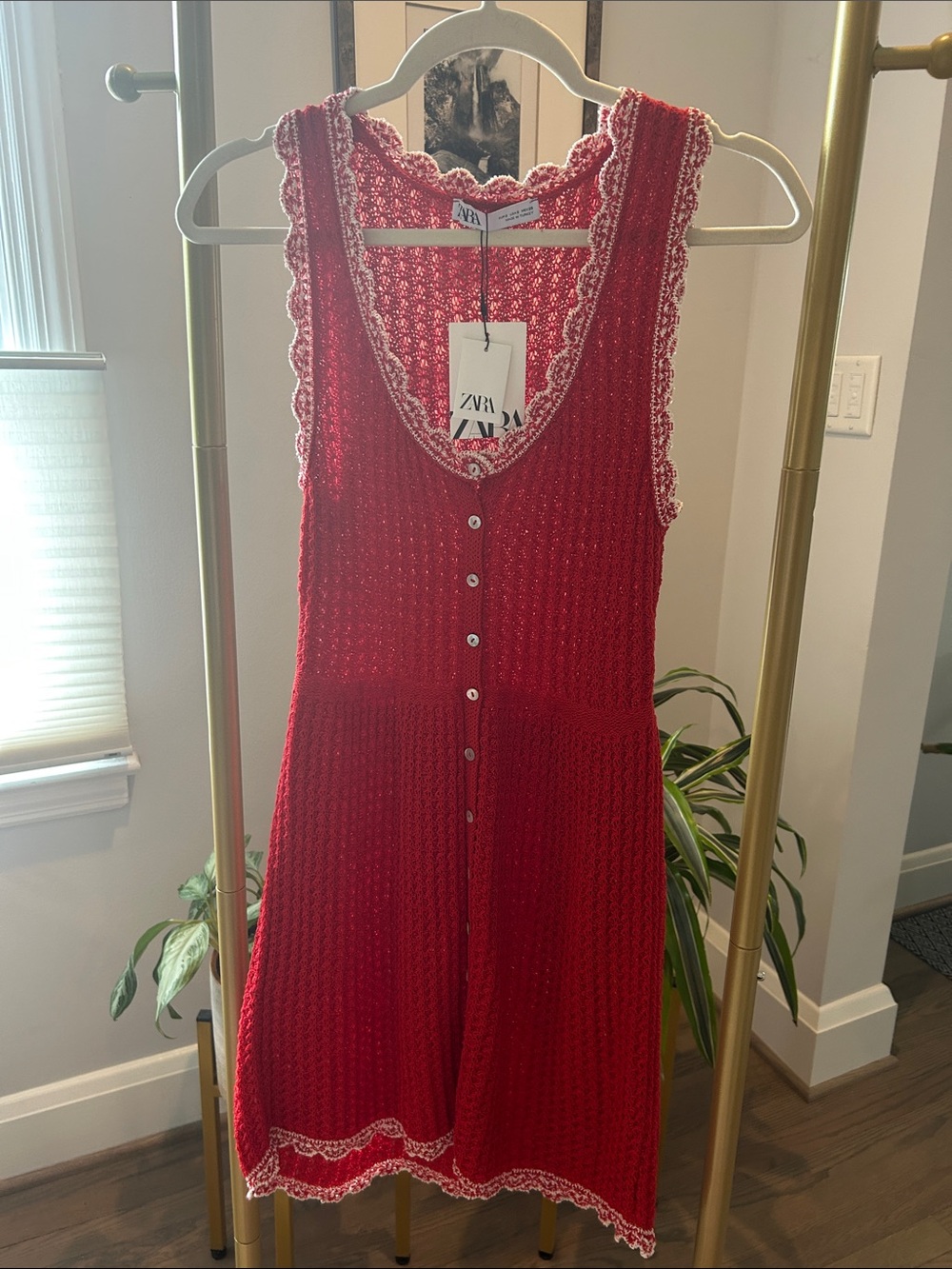 Zara Red Crochet Button-Front Dress with Cream Lace Trim